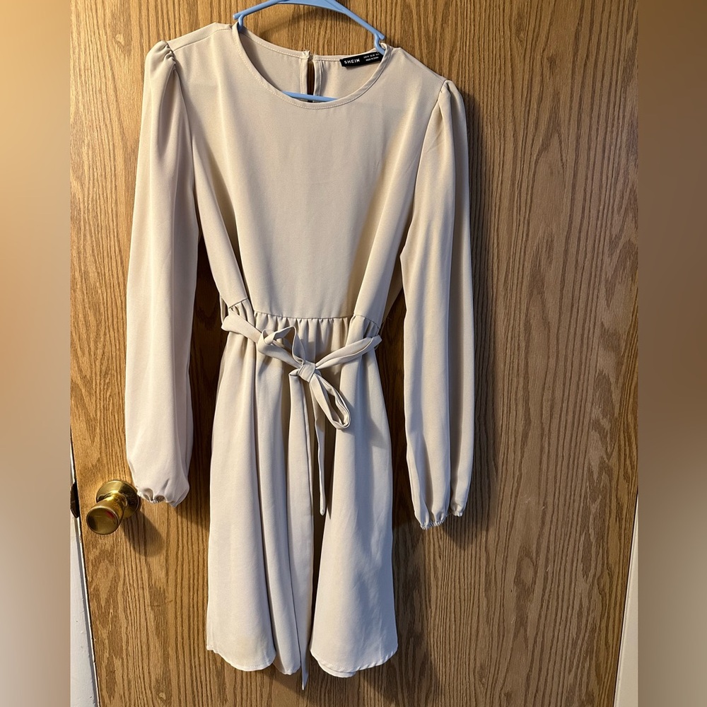 Cream Tie Front Bishop Sleeve Midi Dress